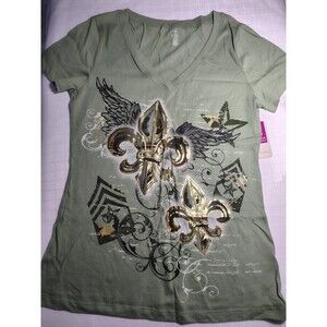 Shirt Womens  (size MEDIUM 8-10) Olive GREEN fleur-de-lis V-neck Cotton